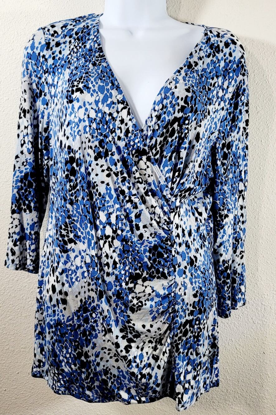 Dana Buchman Blue Black White Abstract Print Ruched Crisscross Bodice Top Medium